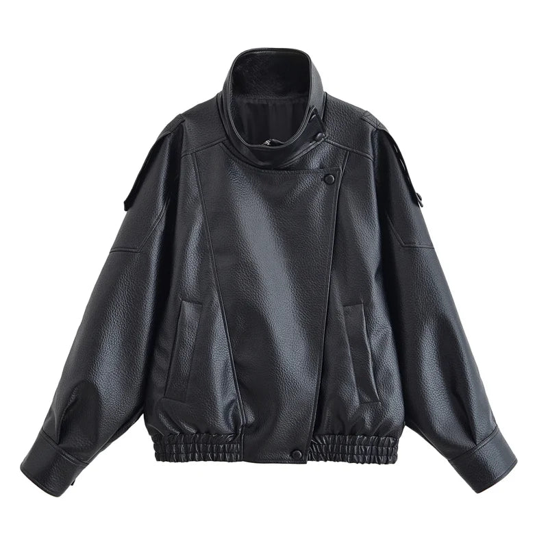 Women’s Pebble Faux Leather Biker Jacket – Black Long Sleeve