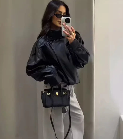 Women’s Pebble Faux Leather Biker Jacket – Black Long Sleeve