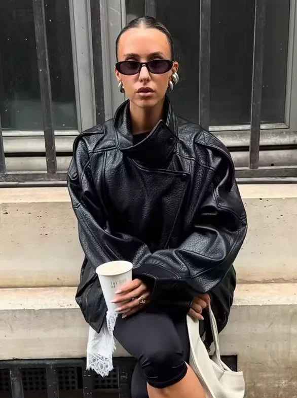 Women’s Pebble Faux Leather Biker Jacket – Black Long Sleeve