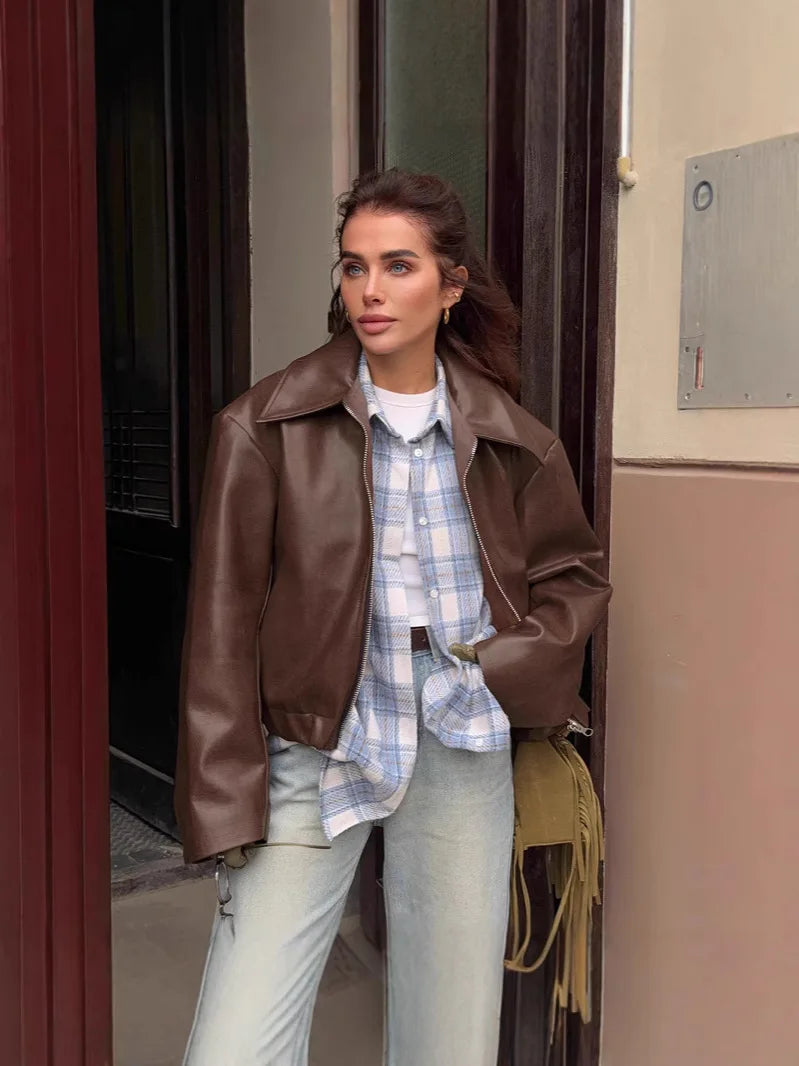 Women’s Burgundy Bomber – Cropped Faux Leather Streetwear