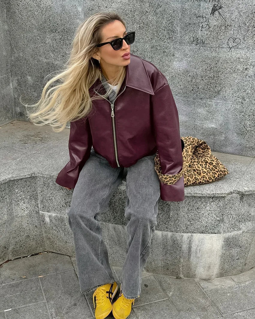 Women’s Burgundy Bomber – Cropped Faux Leather Streetwear