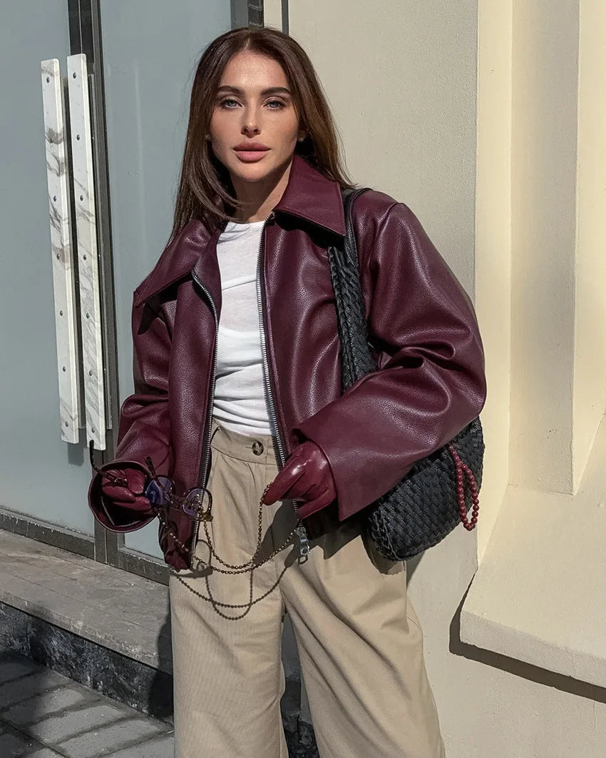 Women’s Burgundy Bomber – Cropped Faux Leather Streetwear