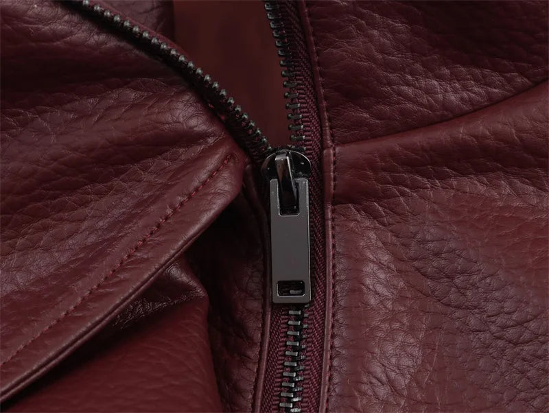 Women’s Pebble Faux Leather Biker Jacket – Black Long Sleeve