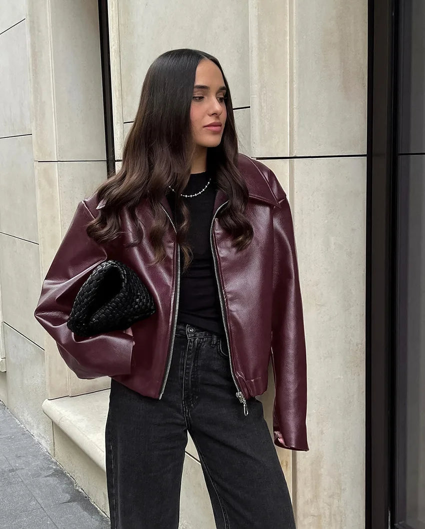 Women’s Burgundy Bomber – Cropped Faux Leather Streetwear