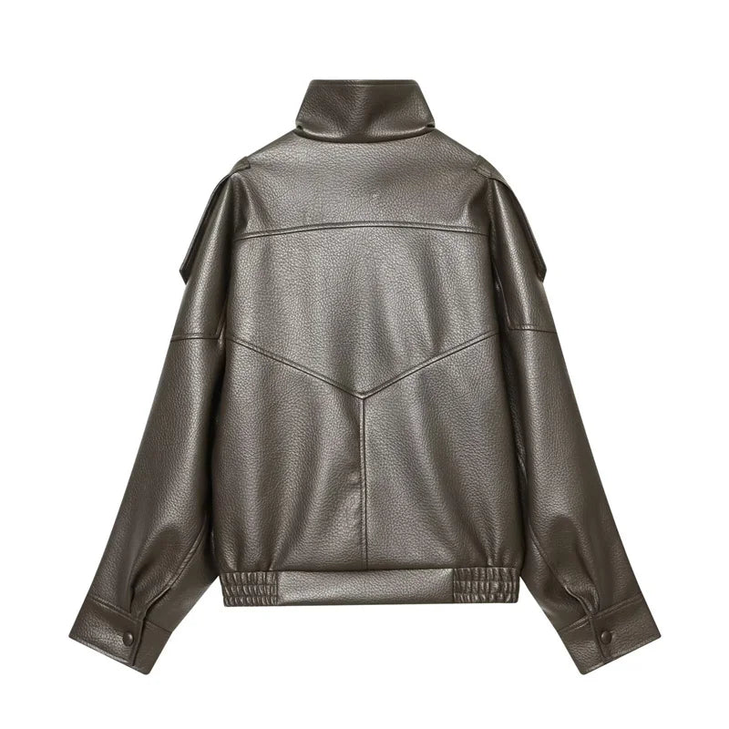 Women’s Pebble Faux Leather Biker Jacket – Black Long Sleeve