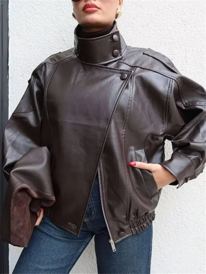 Women’s Pebble Faux Leather Biker Jacket – Black Long Sleeve