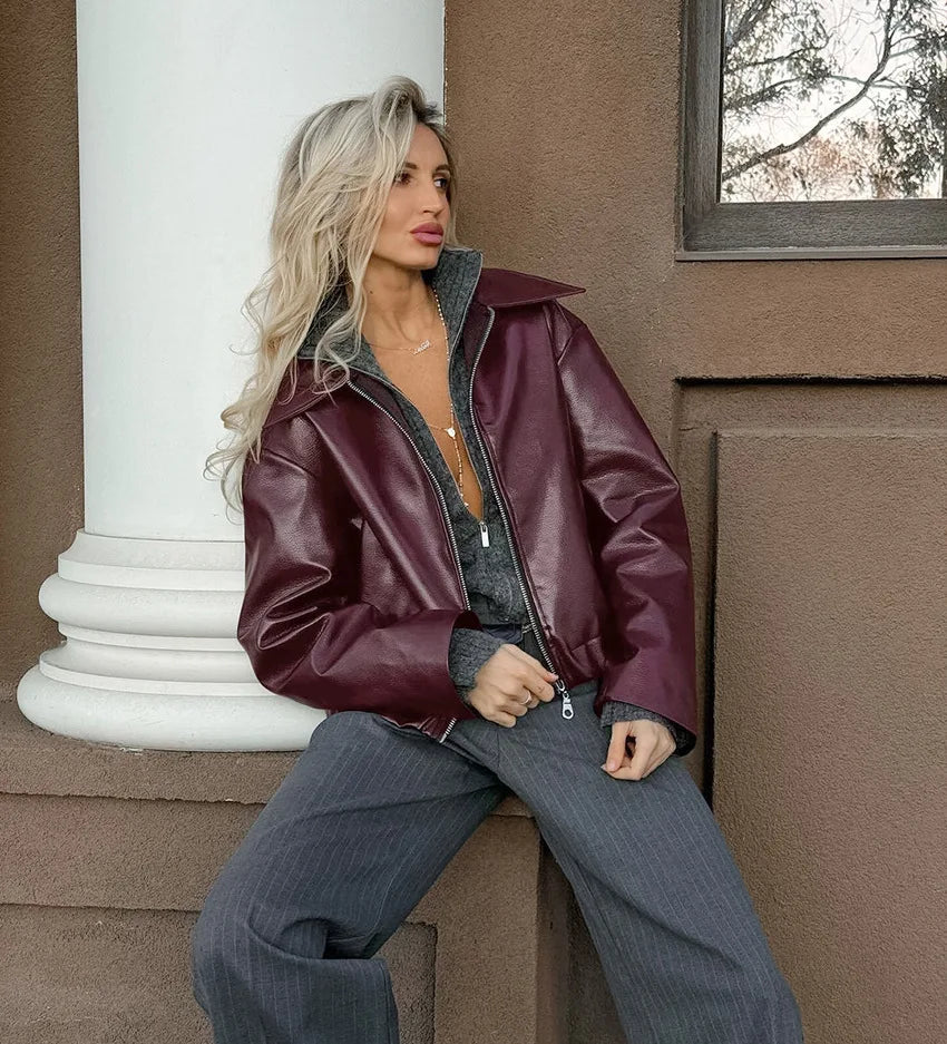 Women’s Burgundy Bomber – Cropped Faux Leather Streetwear