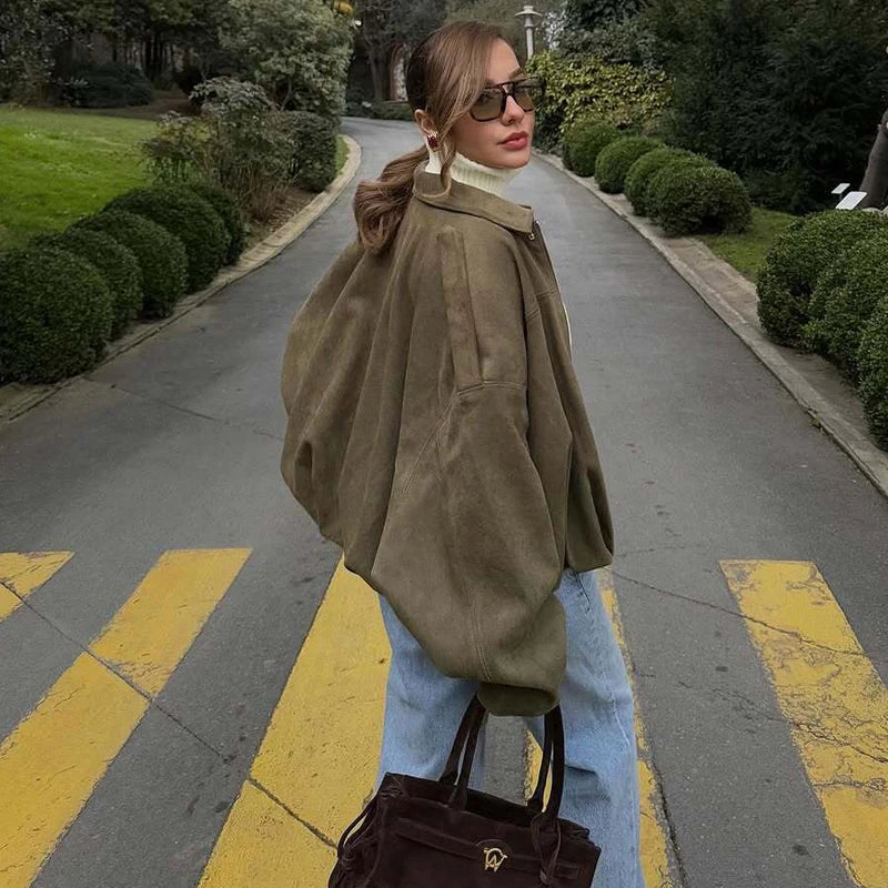 MUJER Suede Bomber Jacket – Oversized Streetwear