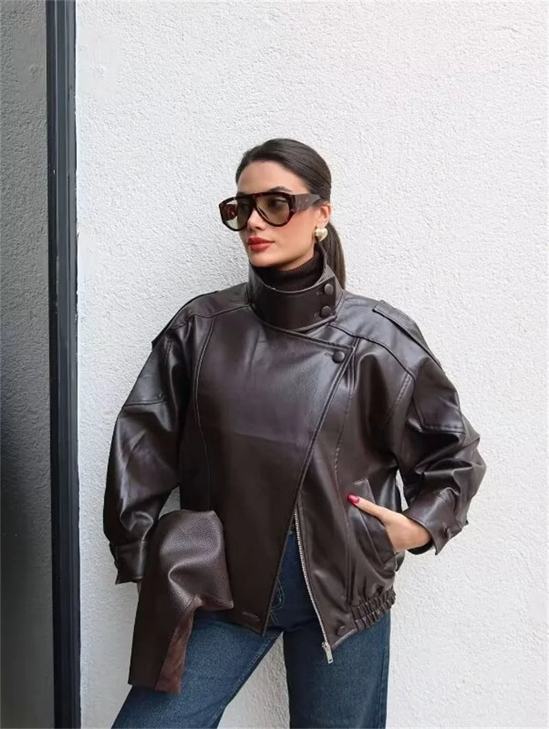 Women’s Pebble Faux Leather Biker Jacket – Black Long Sleeve