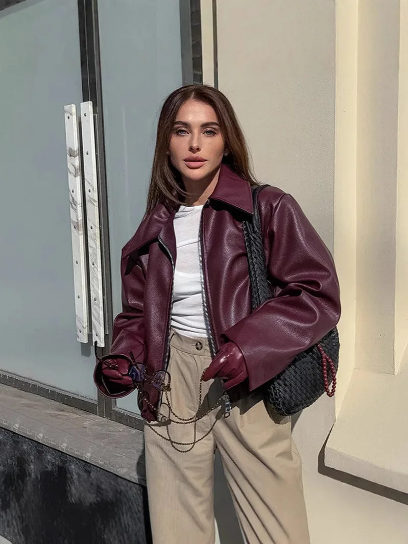 Women’s Burgundy Bomber – Cropped Faux Leather Streetwear