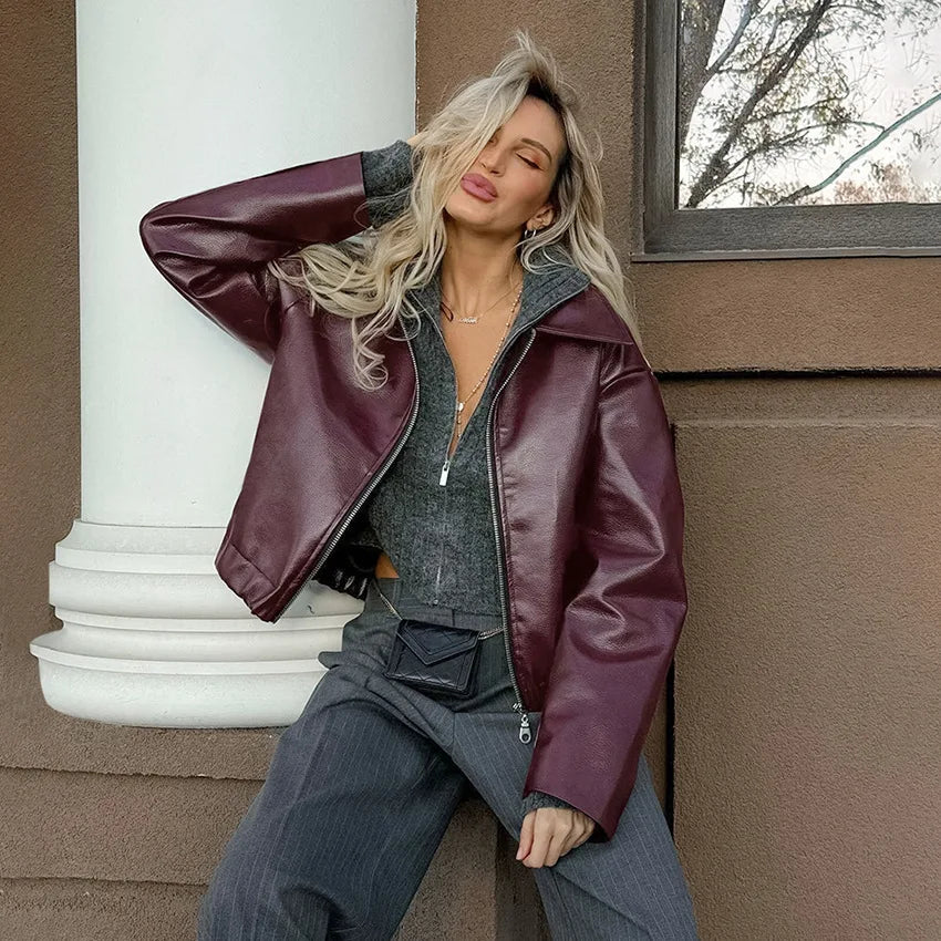 Women’s Burgundy Bomber – Cropped Faux Leather Streetwear