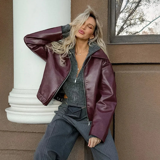 Women’s Burgundy Bomber – Cropped Faux Leather Streetwear