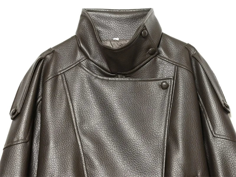 Women’s Pebble Faux Leather Biker Jacket – Black Long Sleeve