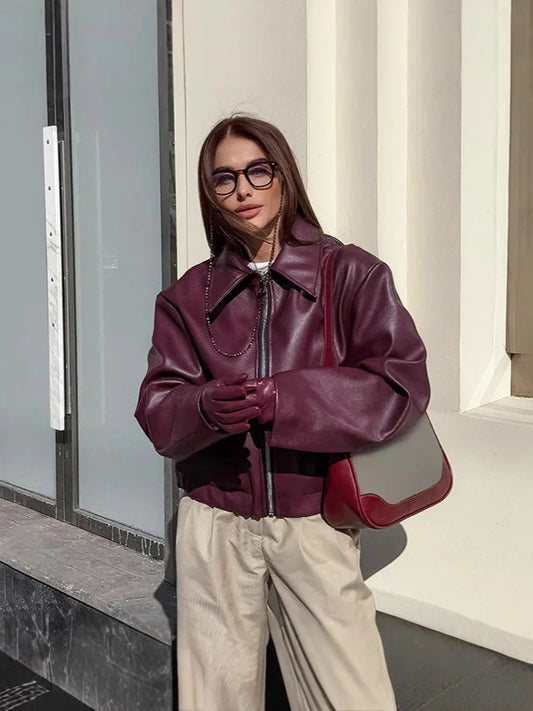 Women’s Burgundy Bomber – Cropped Faux Leather Streetwear