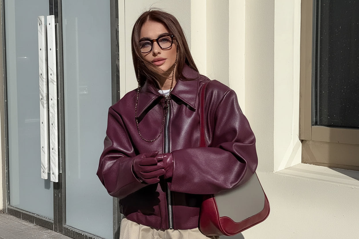 Women’s Burgundy Bomber – Cropped Faux Leather Streetwear