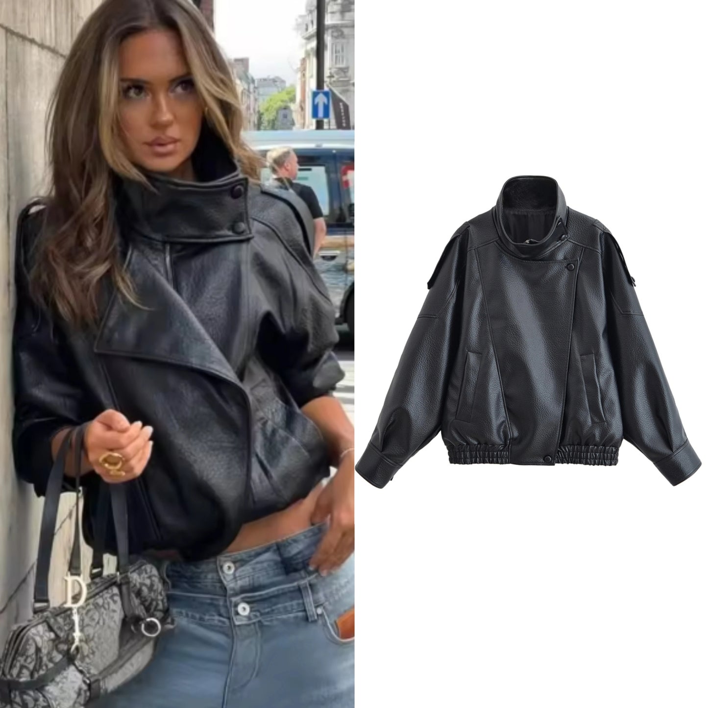 Women’s Pebble Faux Leather Biker Jacket – Black Long Sleeve